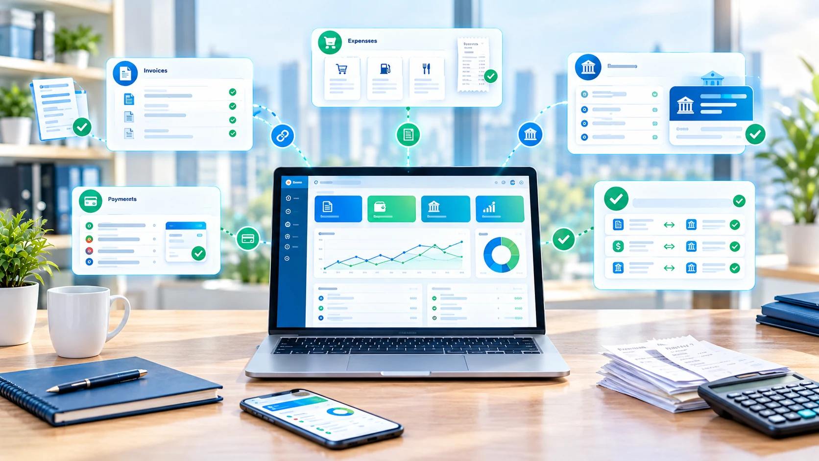 Accounting workflow connecting invoices, business expenses, payments and bank transactions