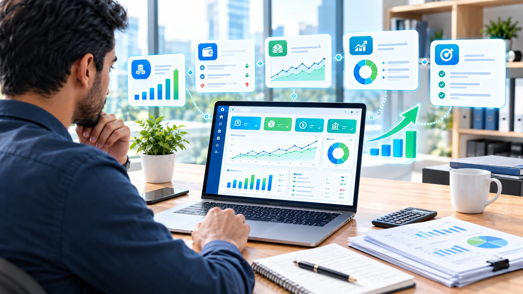 Small business owner reviewing accounting dashboards, financial trends and growth metrics