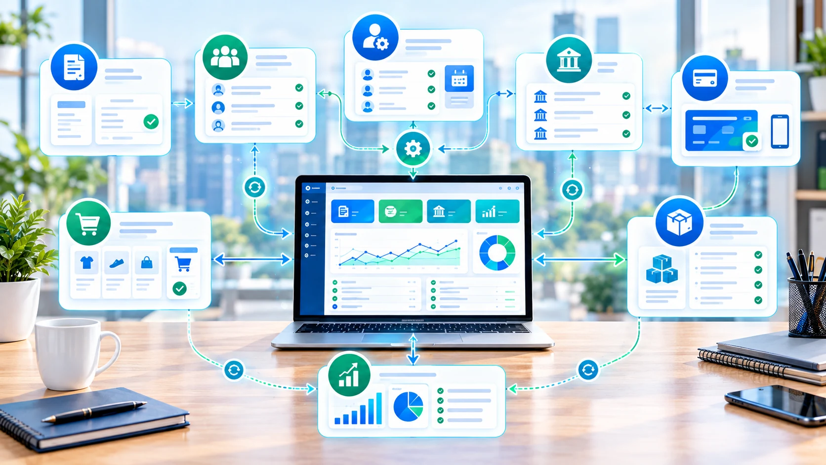 Accounting software connected to CRM, banking, payments, ecommerce, inventory and reporting systems