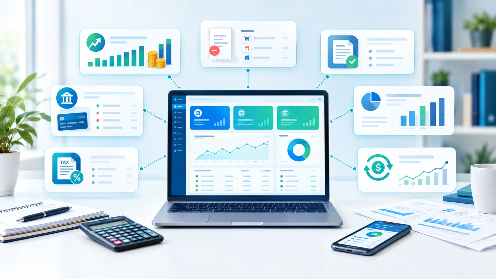 Accounting software dashboard connected to income, expenses, invoices, banking, tax and reporting workflows