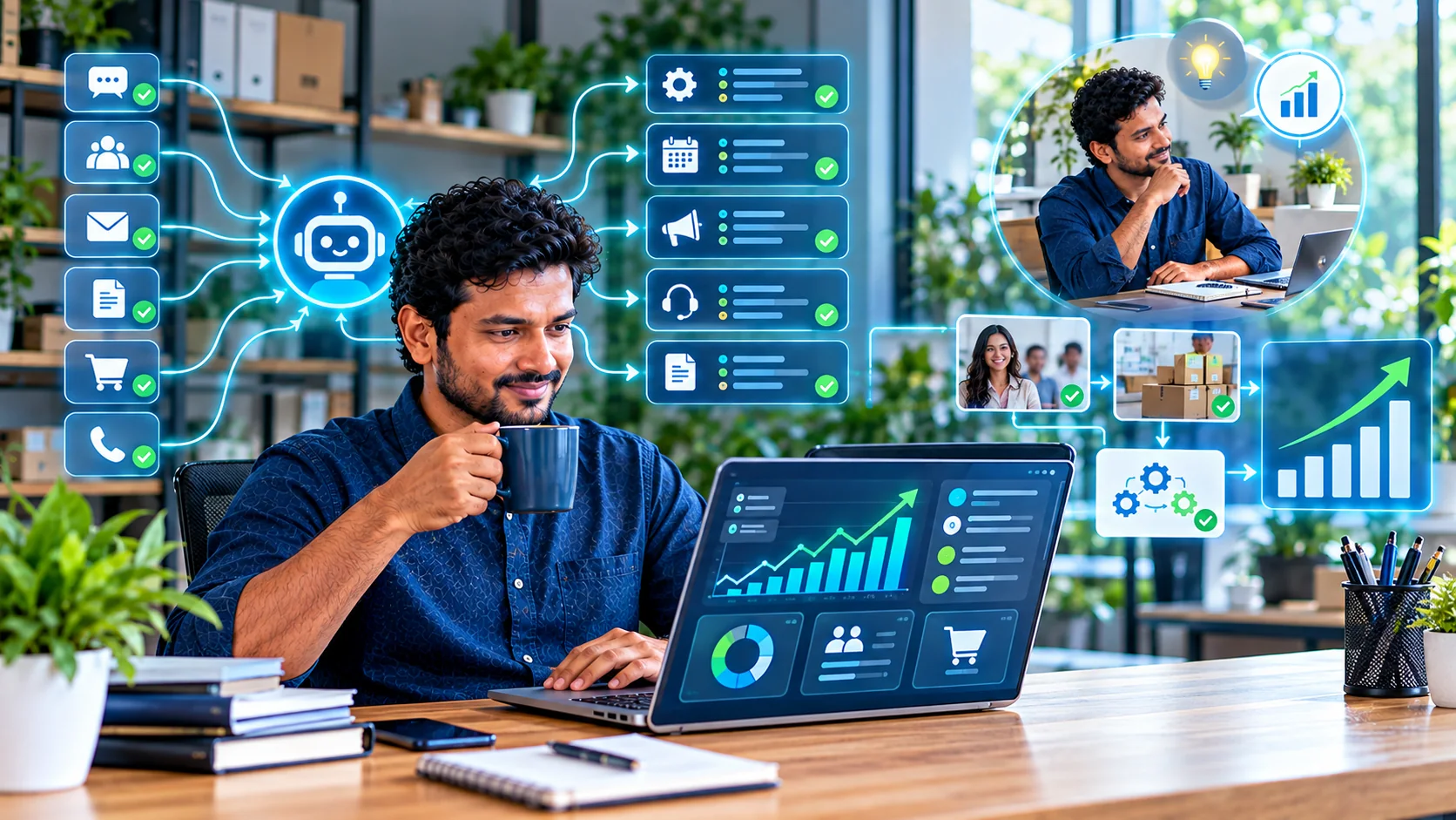 Small business owner using AI automation to improve productivity and manage business growth