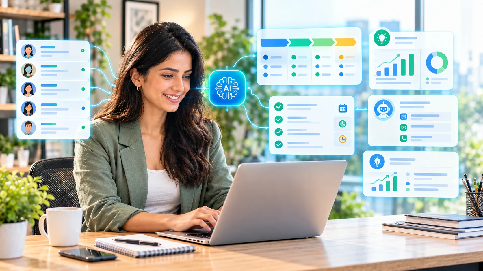 AI powered CRM organizing customer profiles sales pipeline follow-up tasks and insights