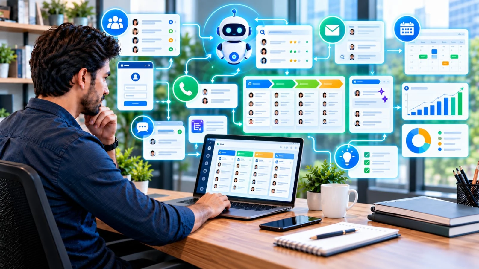 AI-powered CRM workflow connecting customer data, email, calendar, lead pipeline and analytics