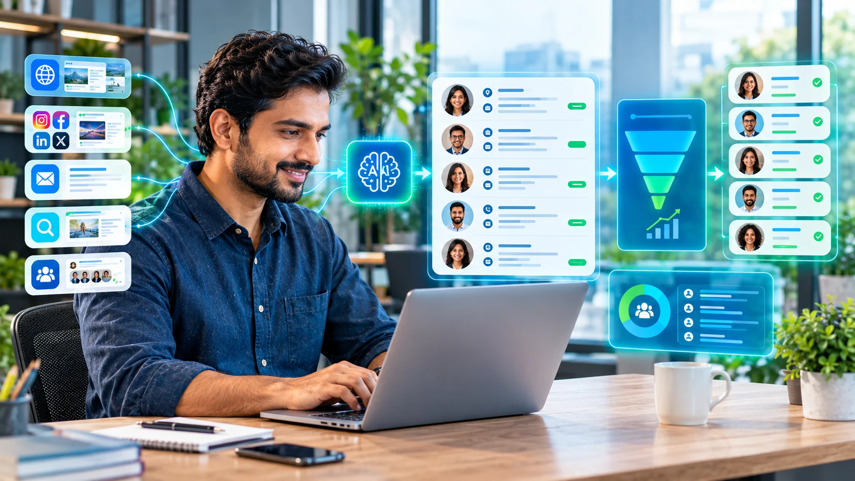 AI helping a small business discover and organize potential customers from multiple digital channels