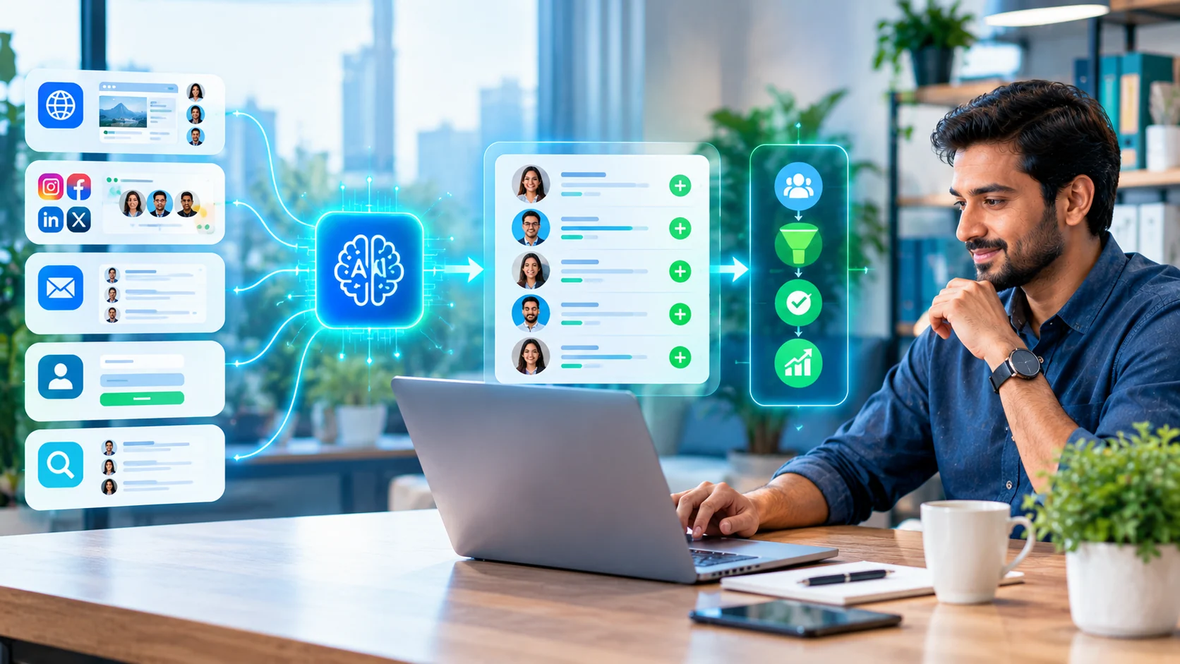 AI lead generation ecosystem connecting website social media email and customer inquiries