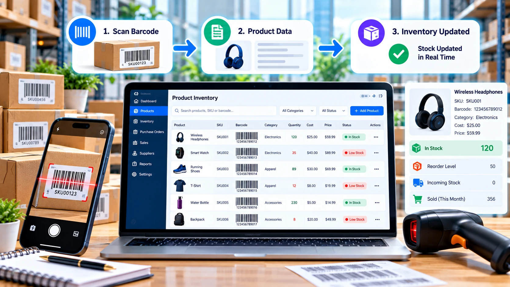 Barcode scanning workflow updating SKU and product information in an inventory management dashboard