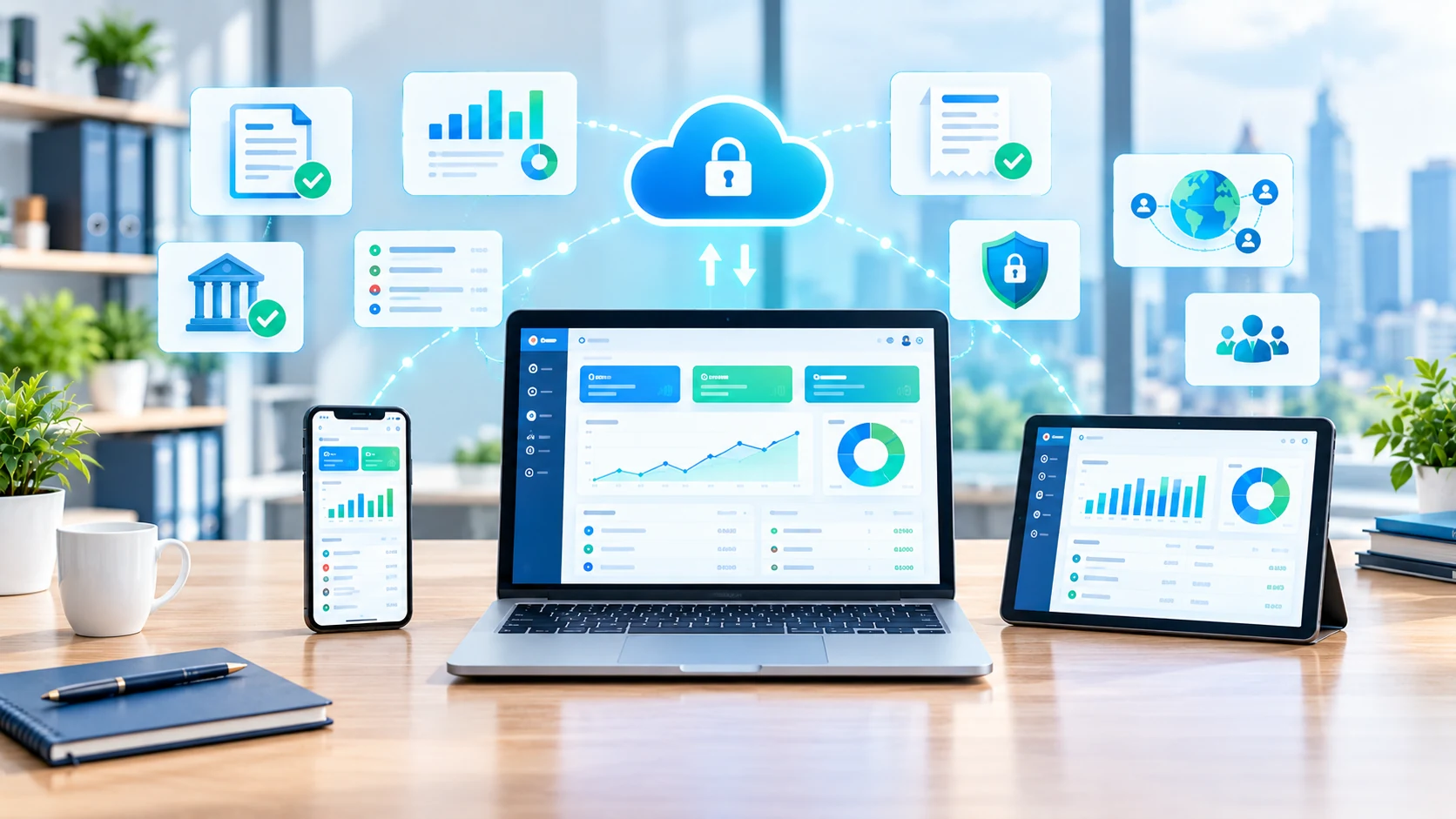 Cloud accounting software available across laptop, smartphone and tablet with secure financial connections