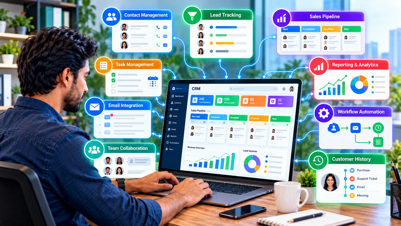 Essential CRM features including contacts, leads, pipeline, tasks, email, analytics, automation, collaboration and customer history