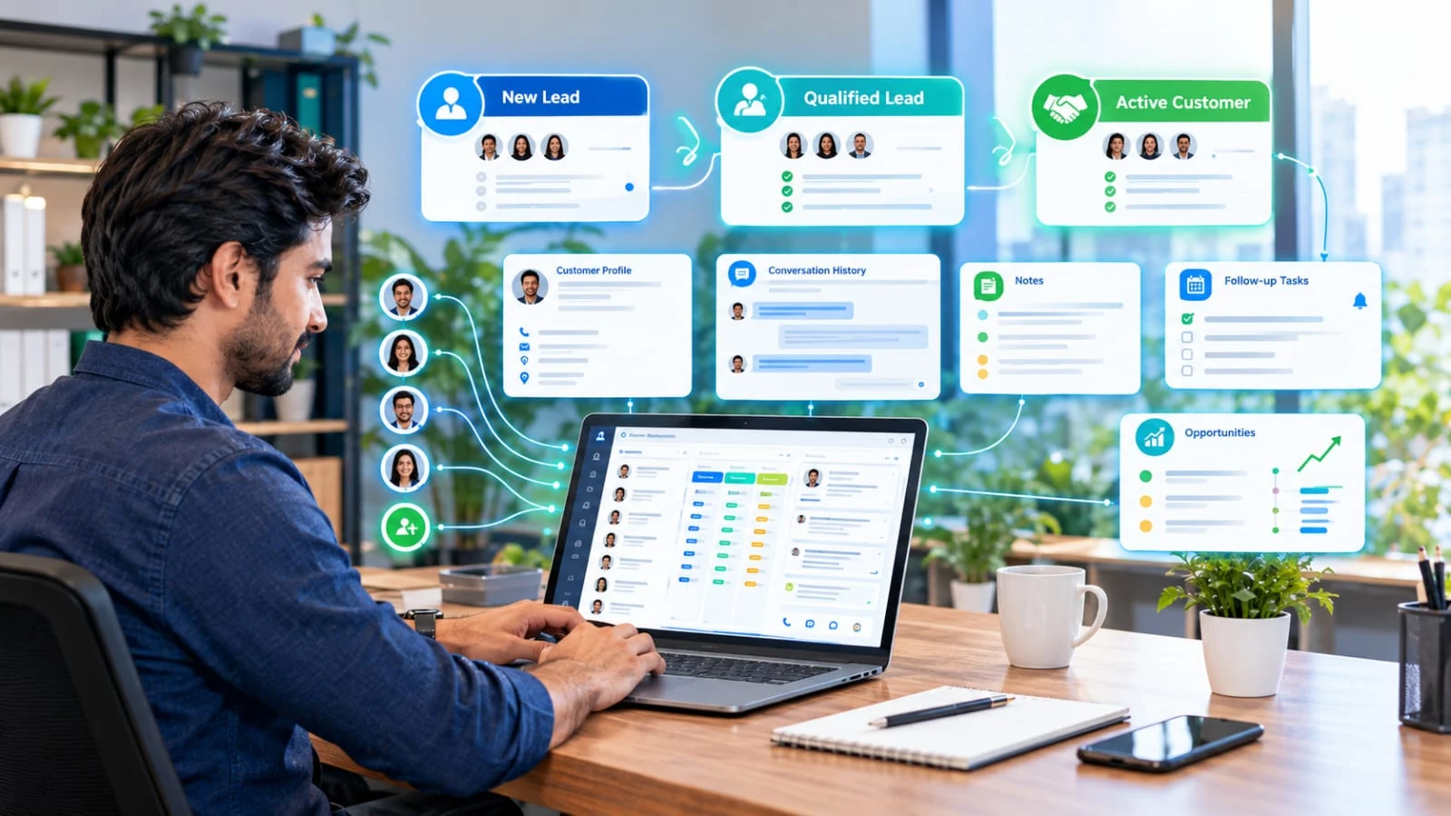 CRM lead management workflow from new lead to qualified lead and active customer with conversation history and follow-up tasks