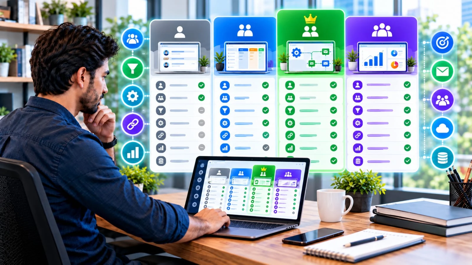 Small business owner comparing CRM plan levels, features, users and integrations