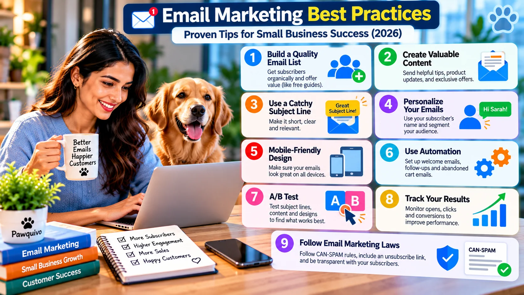 Nine email marketing best practices including list quality, useful content, personalization, mobile design, automation, testing, tracking and compliance