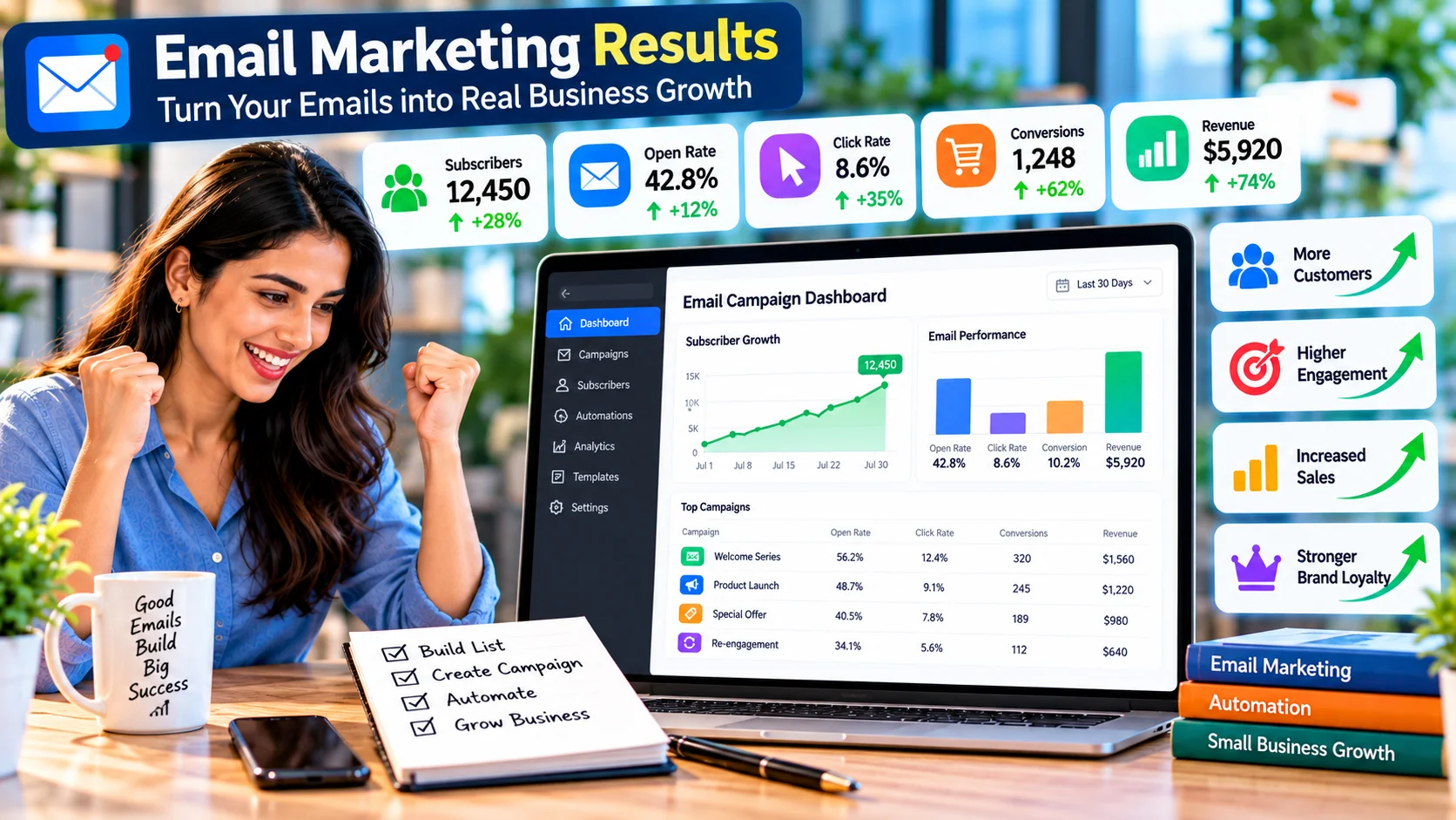 Email marketing analytics dashboard showing subscribers opens clicks conversions revenue and campaign performance