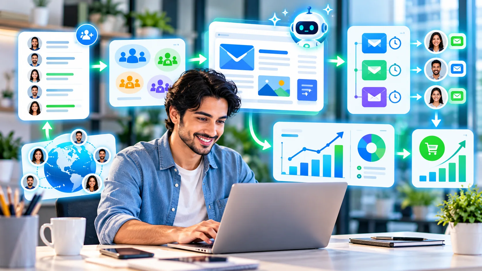 Email marketing workflow for a small business showing audience contacts AI content automation and analytics