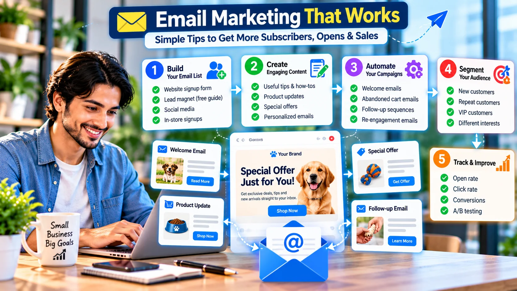 Five-step email marketing strategy showing list building content automation segmentation and measurement