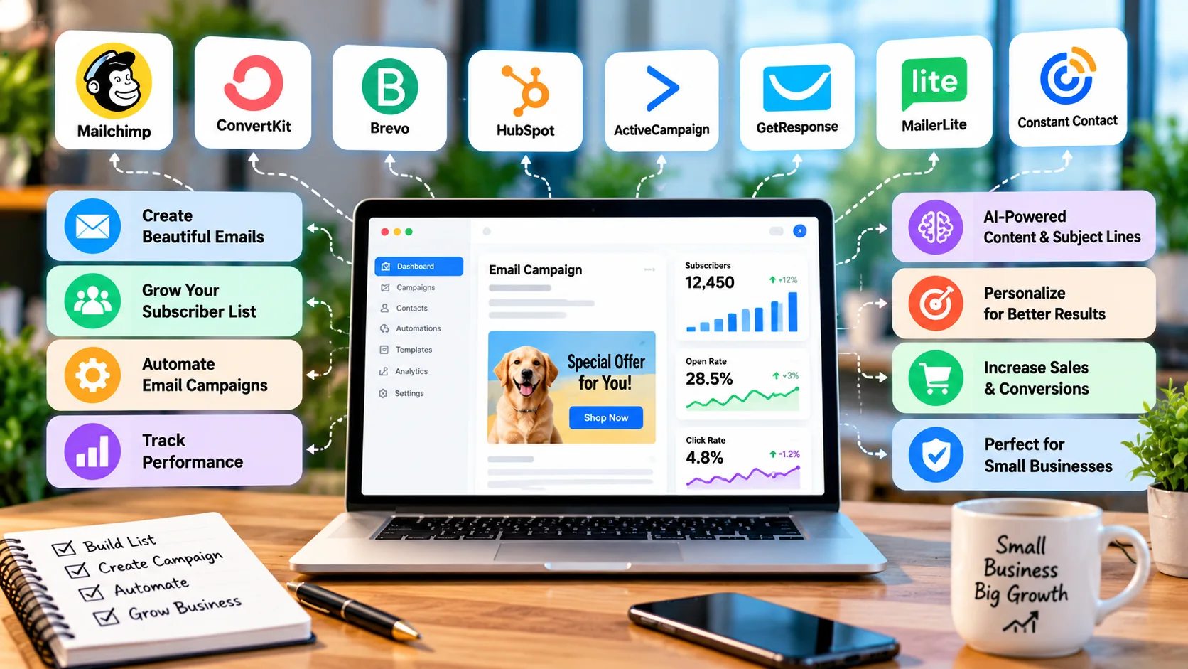 Email marketing software features including automation segmentation analytics AI and campaign management