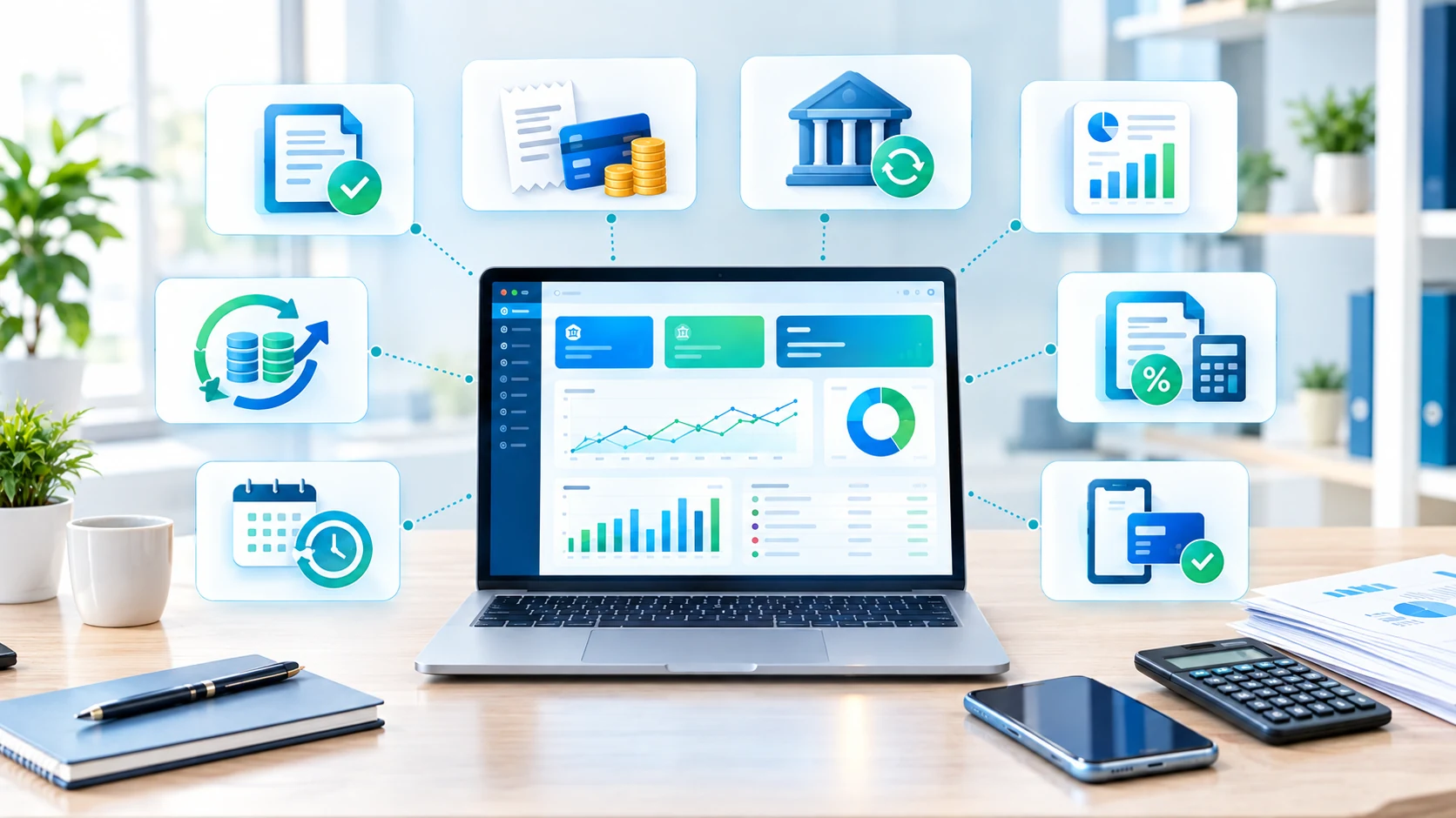 Accounting software dashboard with invoicing, expenses, bank reconciliation, reports, tax and payment features