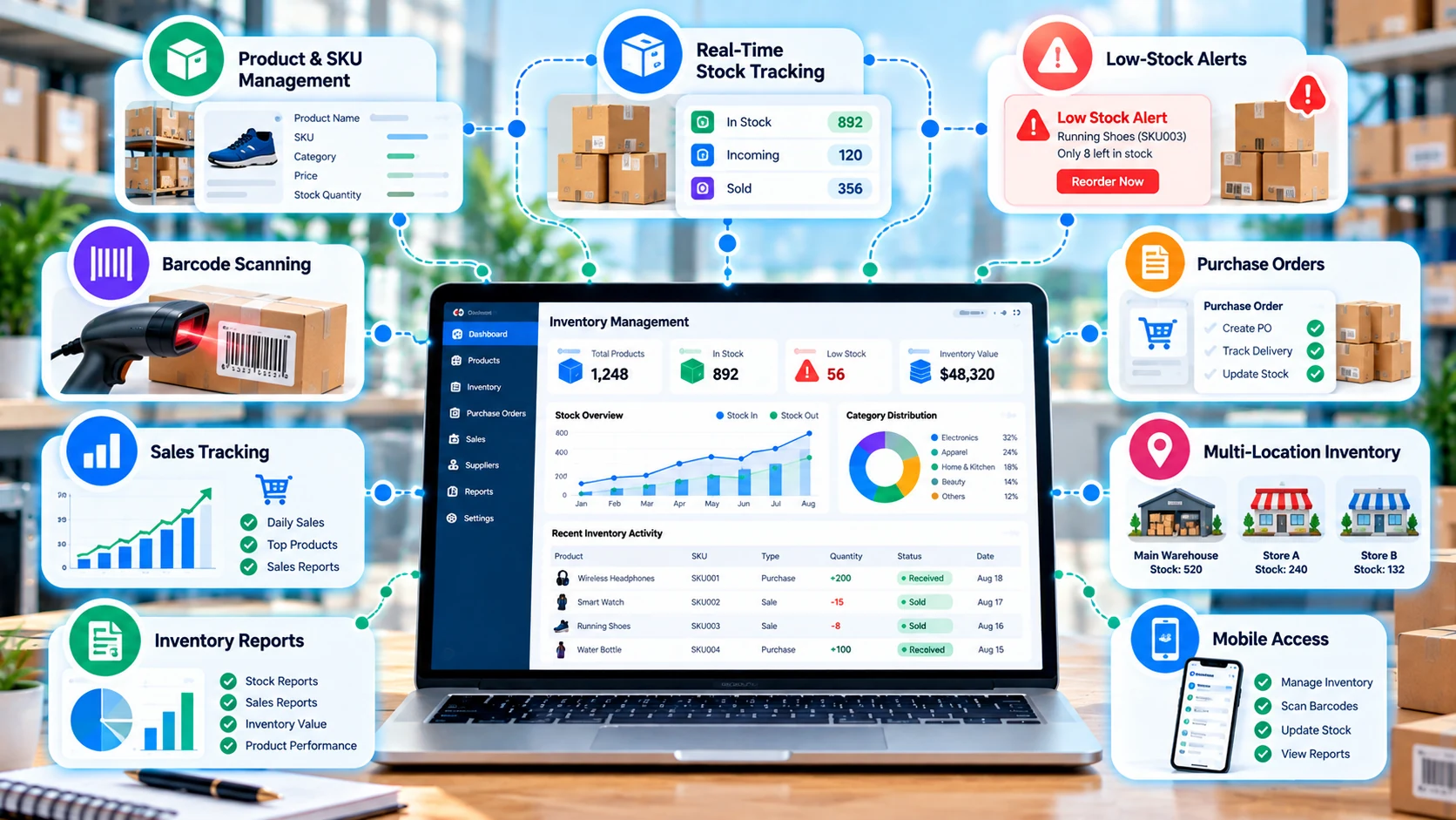 Essential inventory software features including SKU management, real-time tracking, low-stock alerts, barcode scanning, purchase orders, sales, multi-location inventory and reports