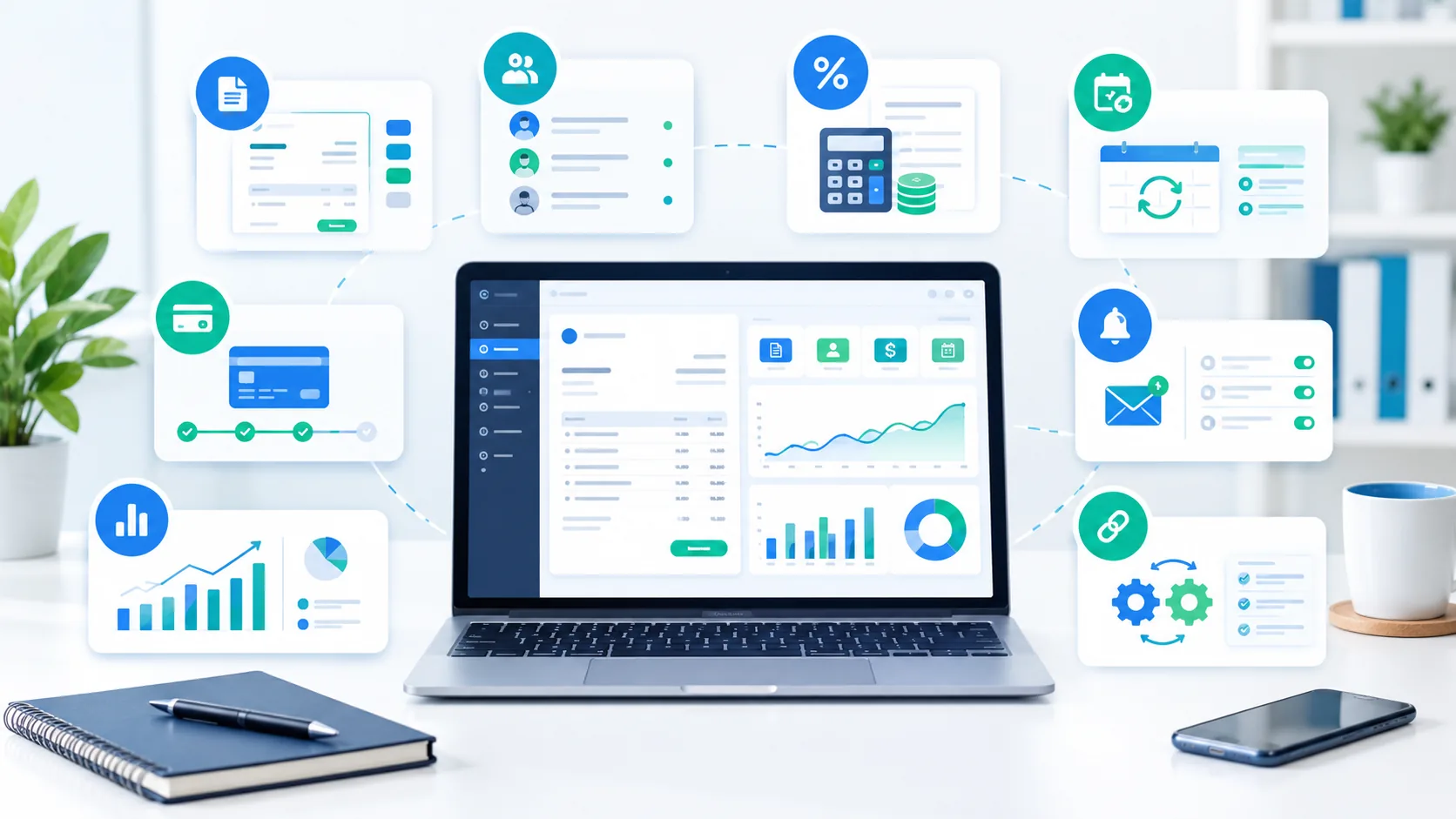 Essential invoicing software features including invoices, customer management, payments, recurring billing, reminders and reports
