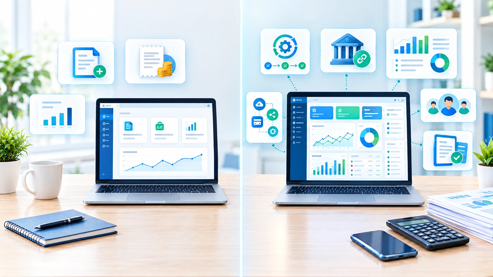 Split visual comparing basic free accounting software with a more advanced paid accounting platform