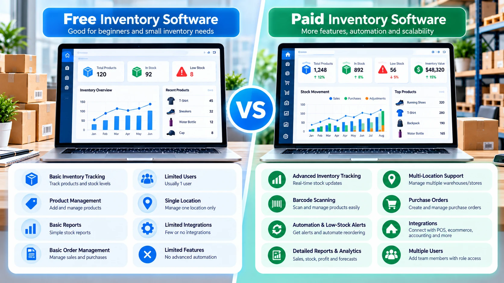 Free versus paid inventory management software comparison with basic tracking on the free side and advanced features on the paid side
