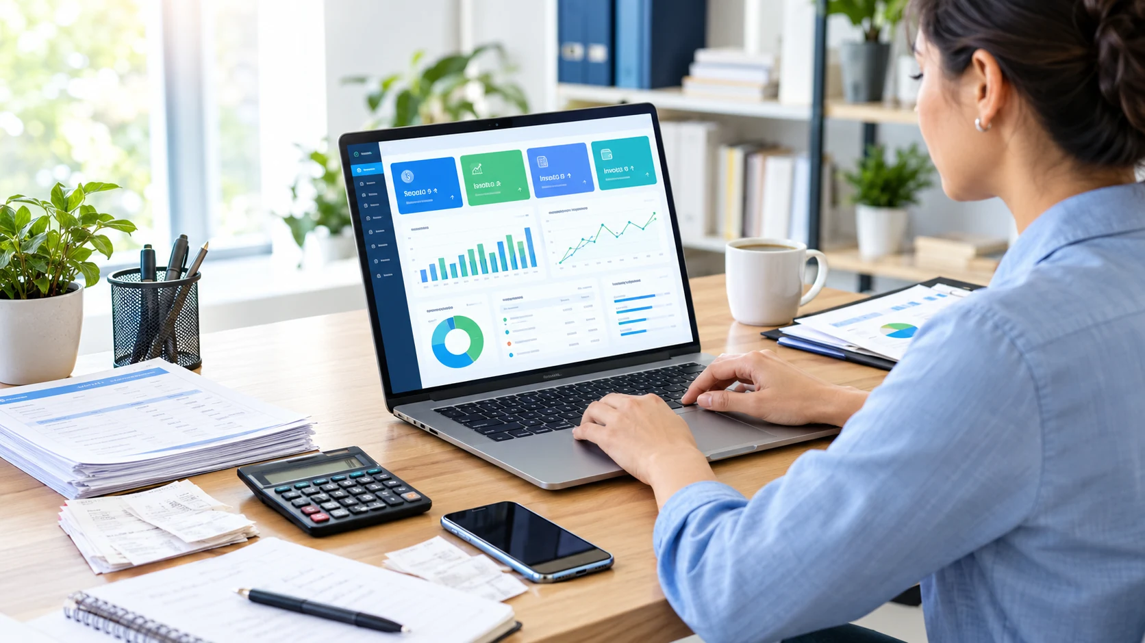 Small business owner using accounting software with financial dashboard, invoices and expense records