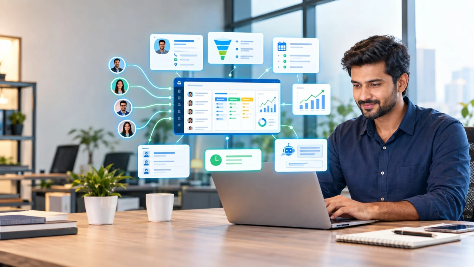 Small business owner using CRM software to manage contacts, leads, sales and analytics