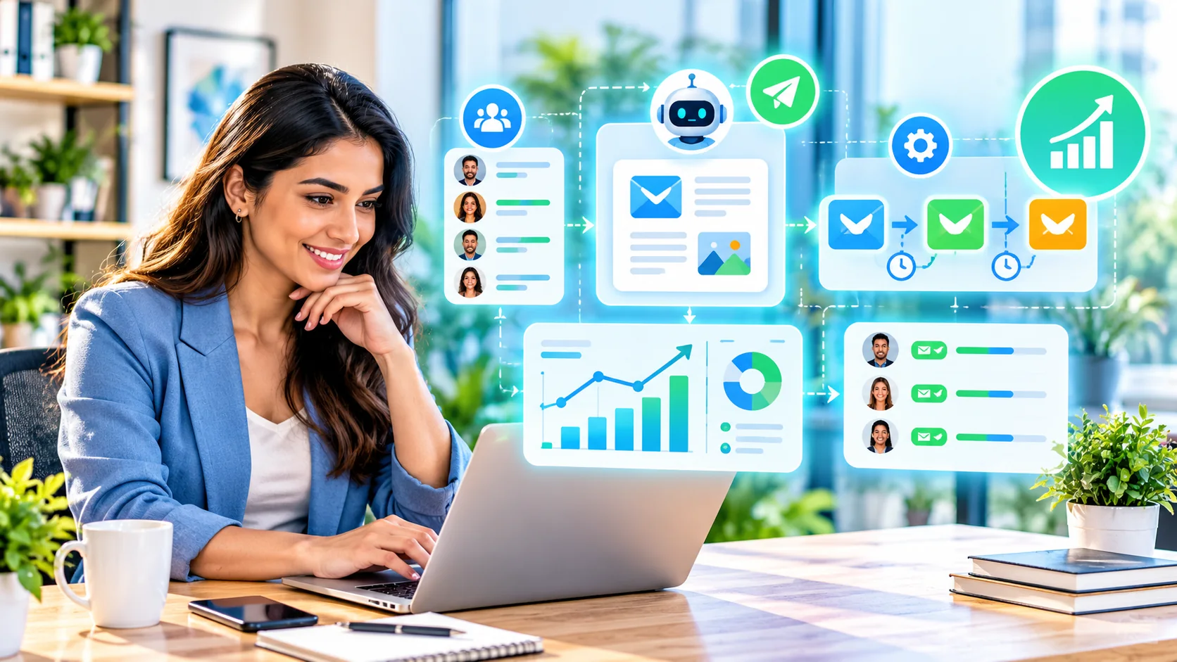 Small business owner using AI and email marketing tools to plan campaigns and grow an audience