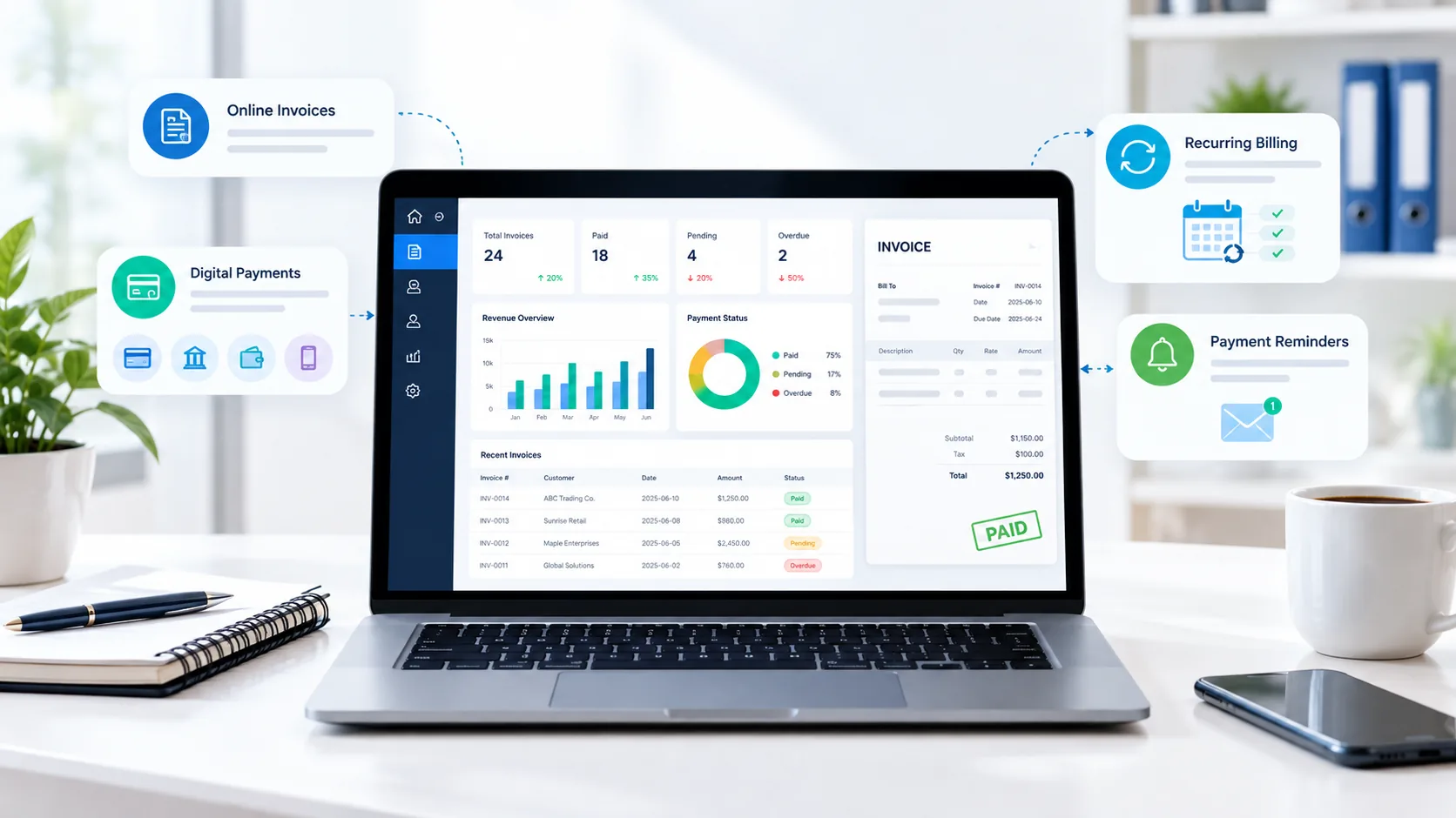 Small business invoicing software dashboard showing invoices, payments, recurring billing and reminders