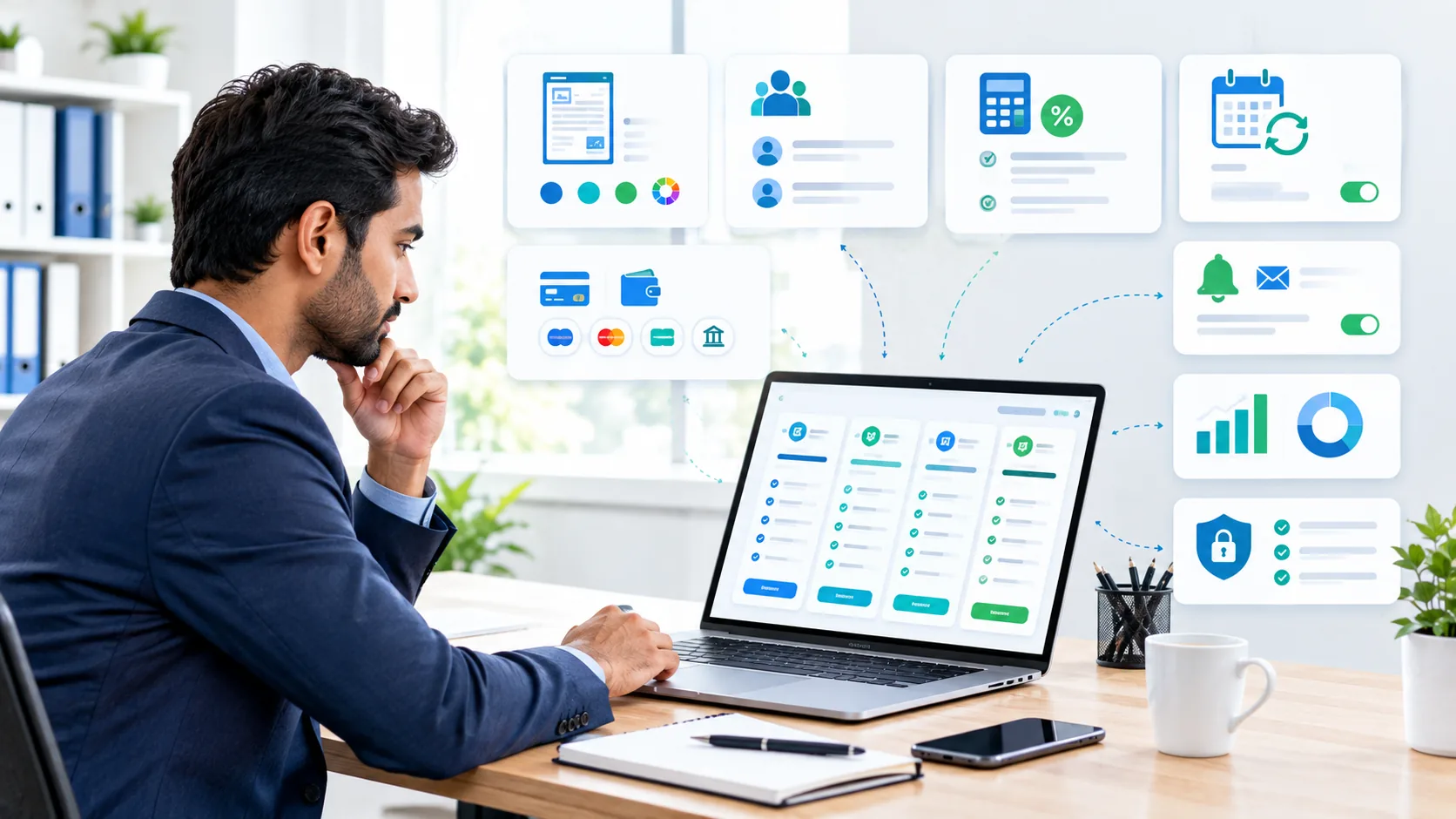 Small business owner evaluating invoicing software features, pricing, payments, reporting and security