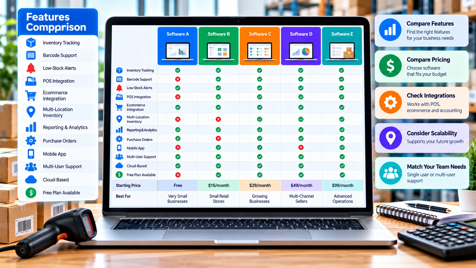Inventory software comparison table showing inventory tracking, barcode support, POS, ecommerce, locations, reporting and pricing considerations