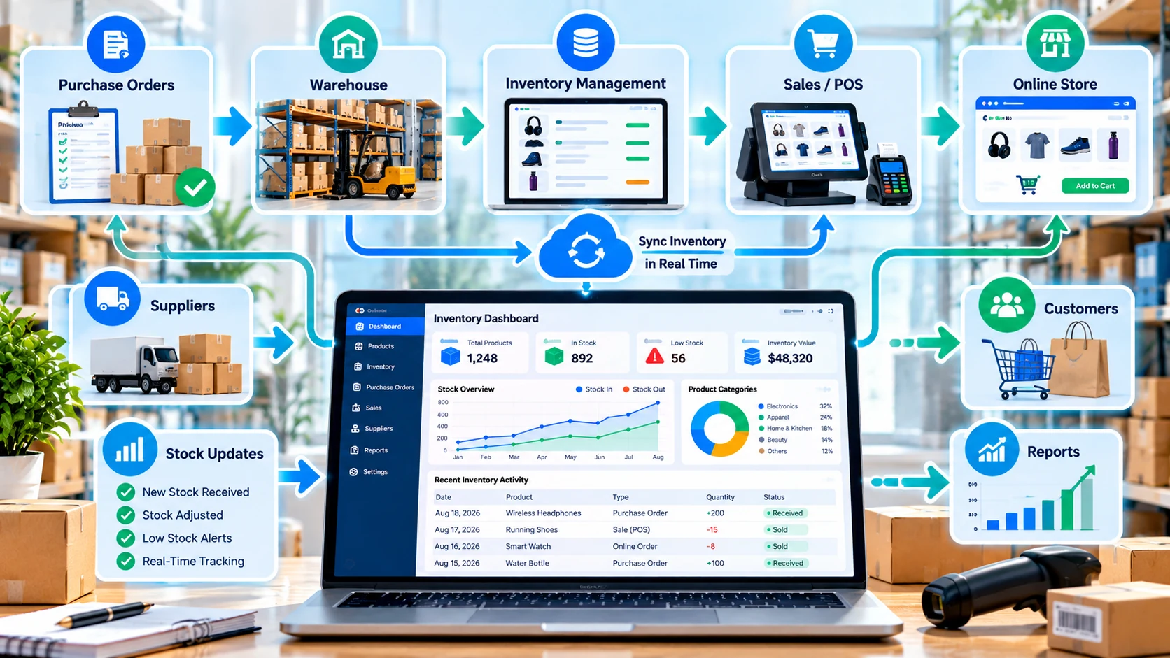 Inventory software workflow connecting purchase orders, warehouse, inventory management, POS, ecommerce, suppliers and reports