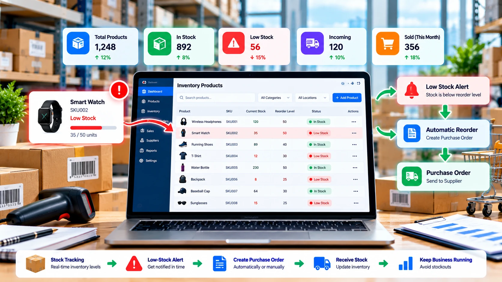 Inventory dashboard showing stock levels, low-stock alert, automatic reorder and purchase order workflow