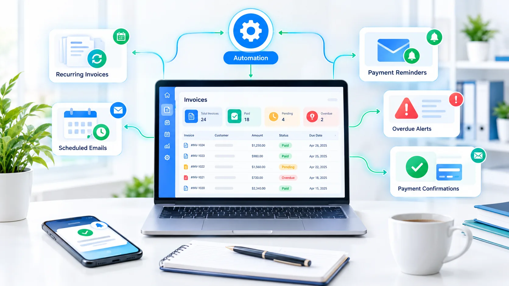 Invoice automation workflow with recurring invoices, scheduled emails, payment reminders and overdue alerts