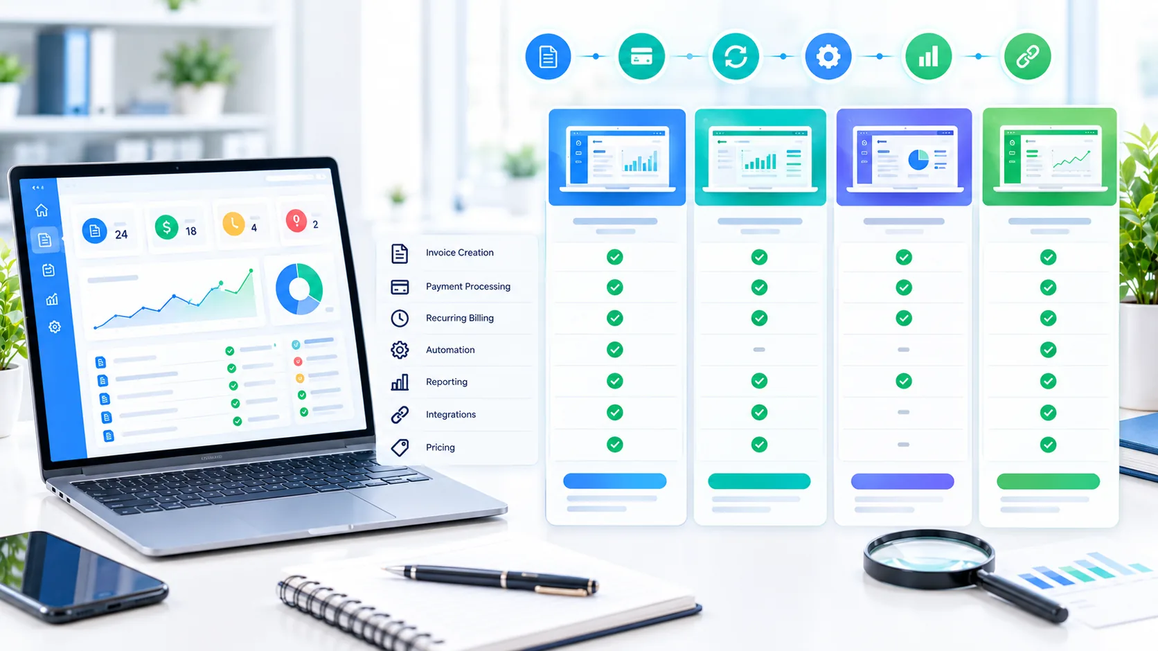 Comparison dashboard showing invoicing software features such as payments, recurring billing, automation, reporting and integrations