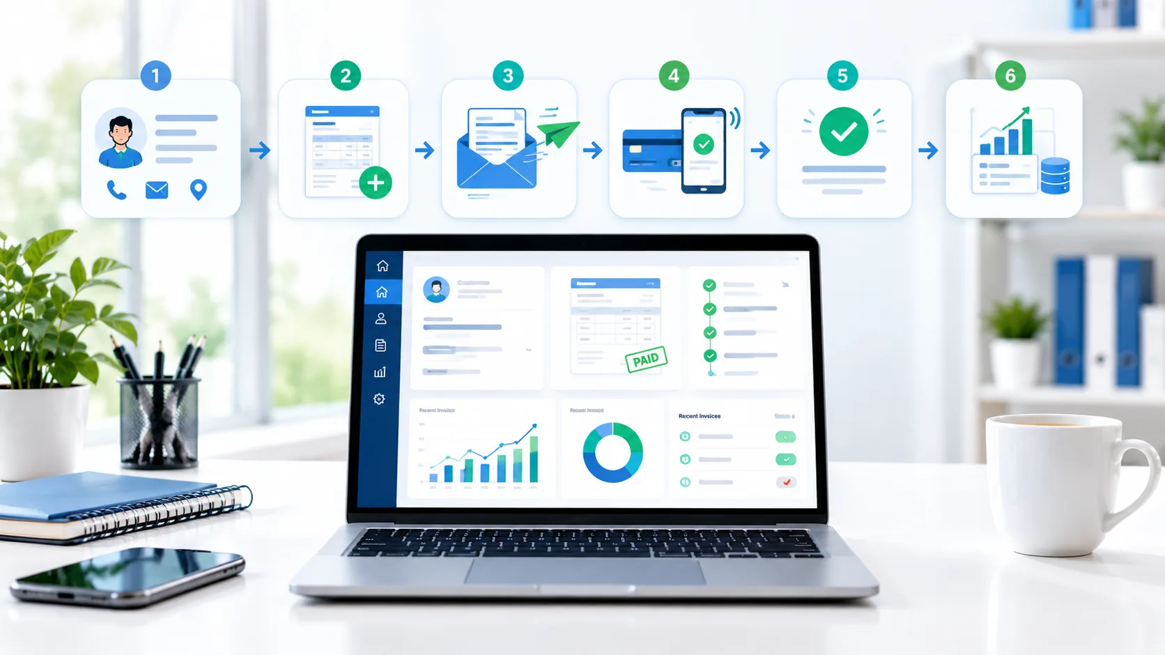 Digital invoicing workflow from customer record to invoice, payment and reporting