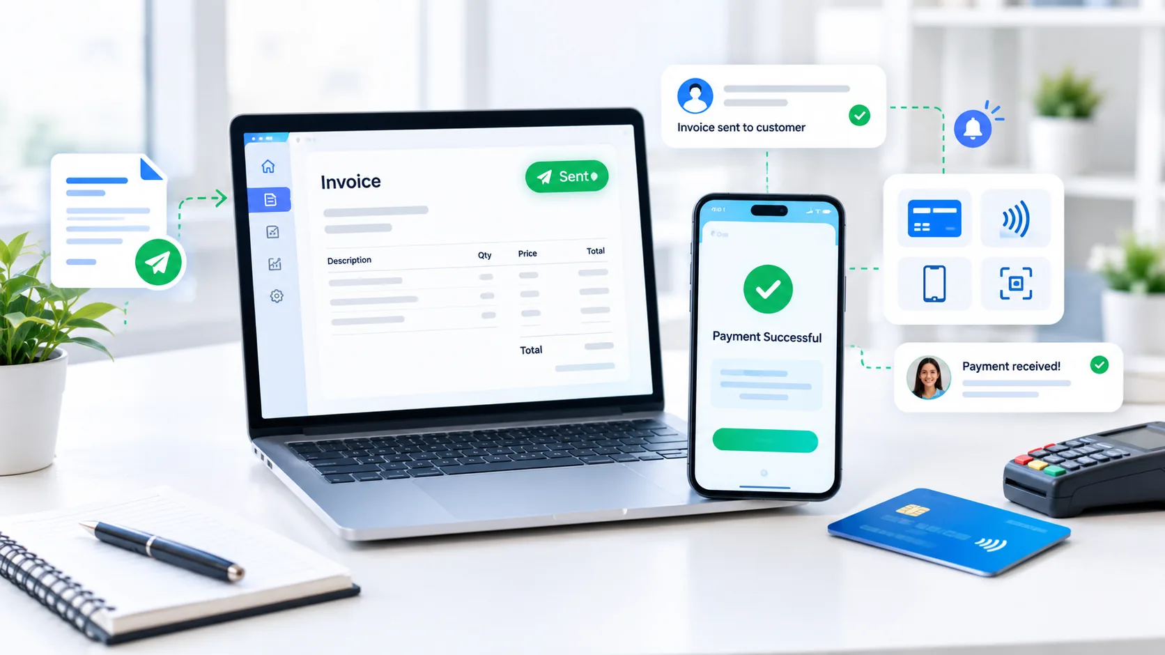 Online invoice sent to a customer with successful mobile and card payment
