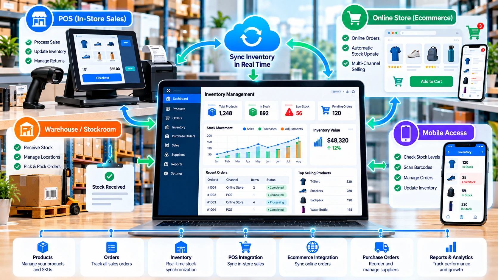 Inventory management connected with POS, ecommerce, warehouse and mobile access with real-time synchronization