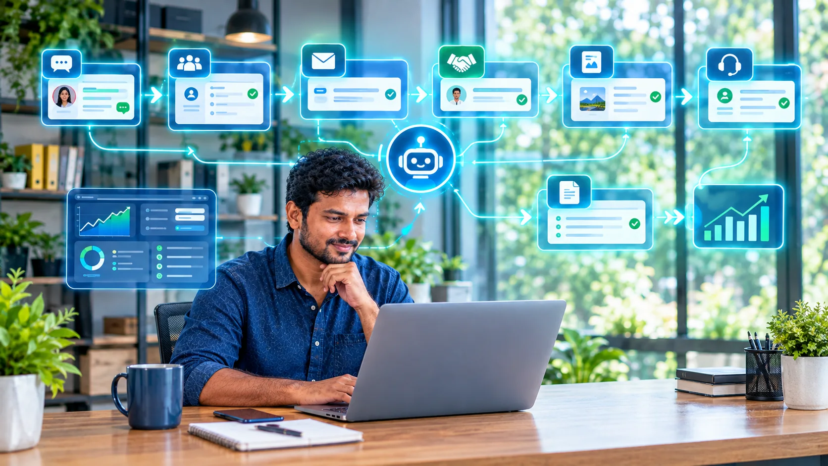 Complete AI workflow connecting customer inquiry sales content support documents and analytics