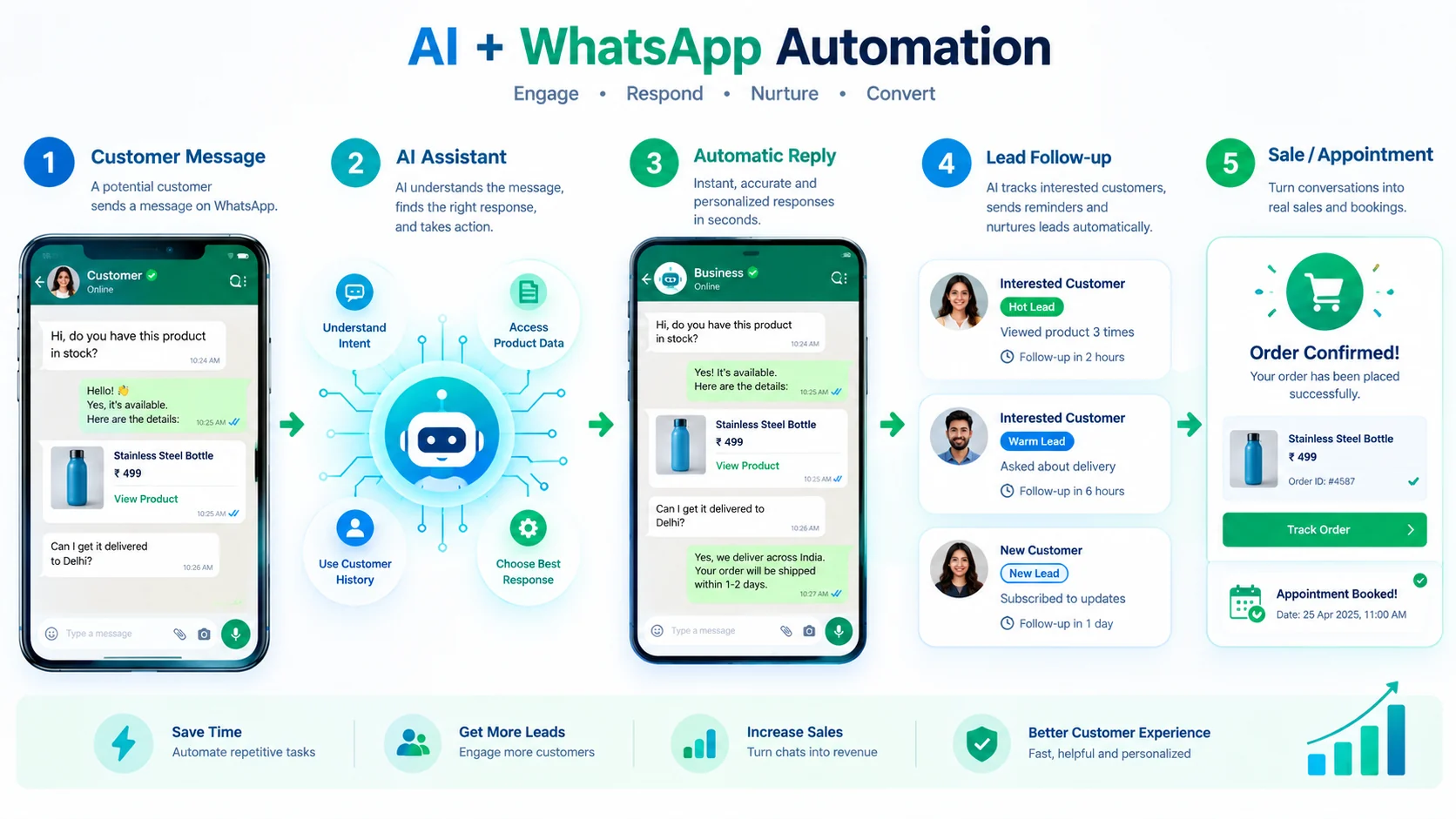AI and WhatsApp automation workflow from customer message to sale or appointment