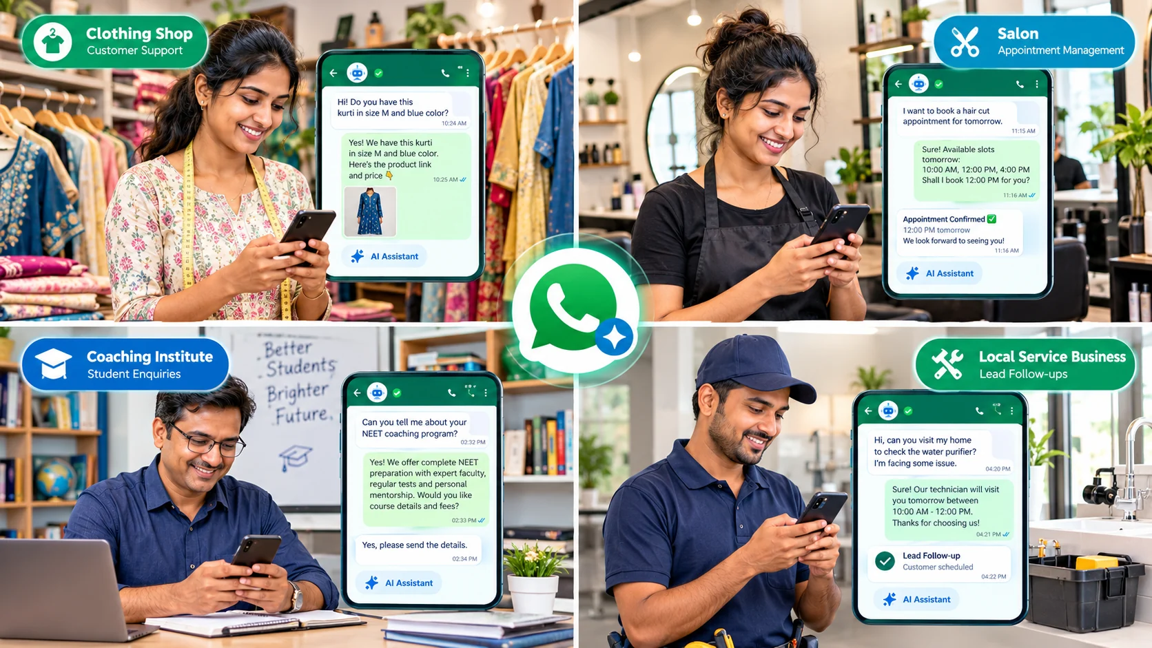 WhatsApp AI marketing use cases for clothing shops, salons, coaching institutes and local service businesses